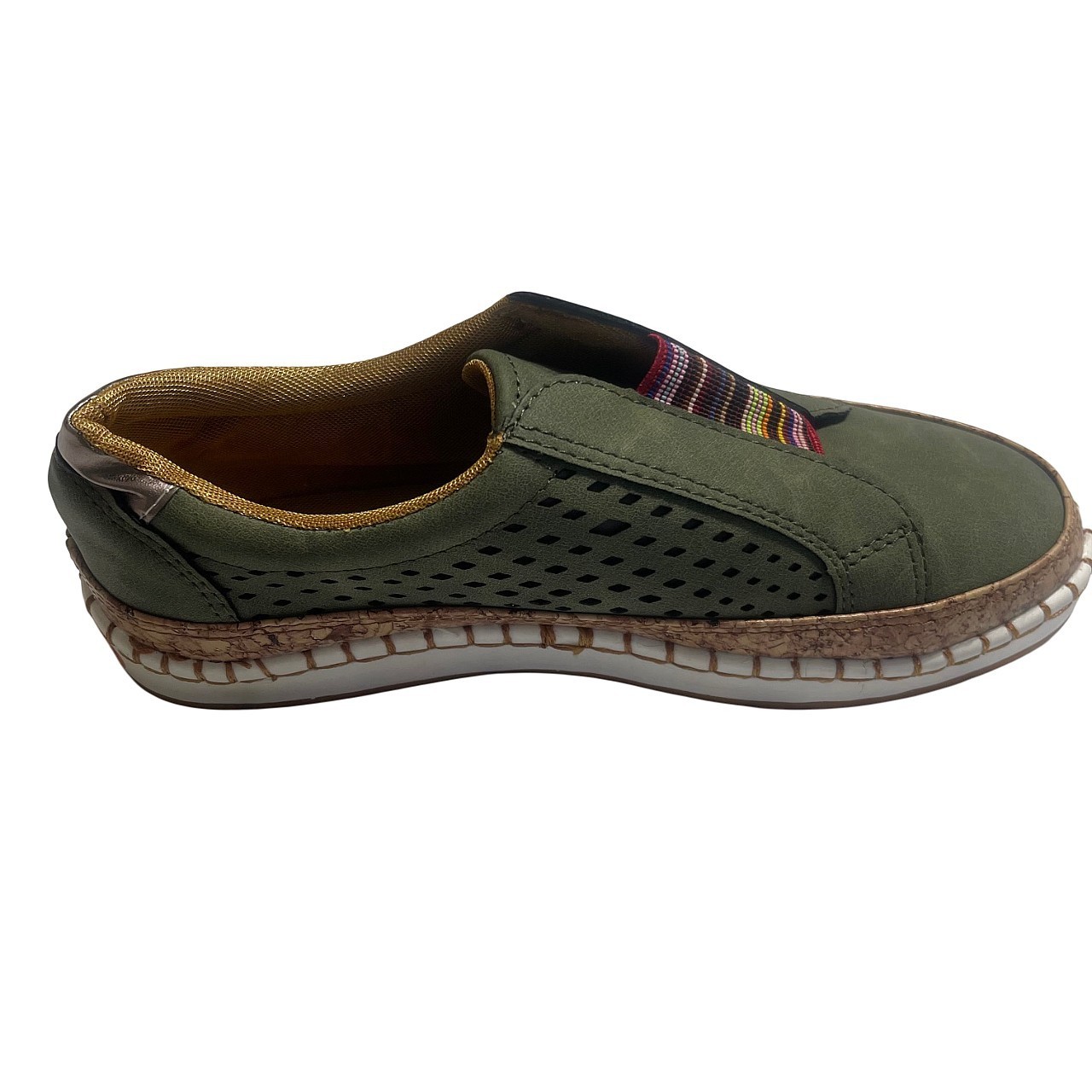 Muted Olive Green Textured Perforated Decorative Colorful Striped Band Sneakers