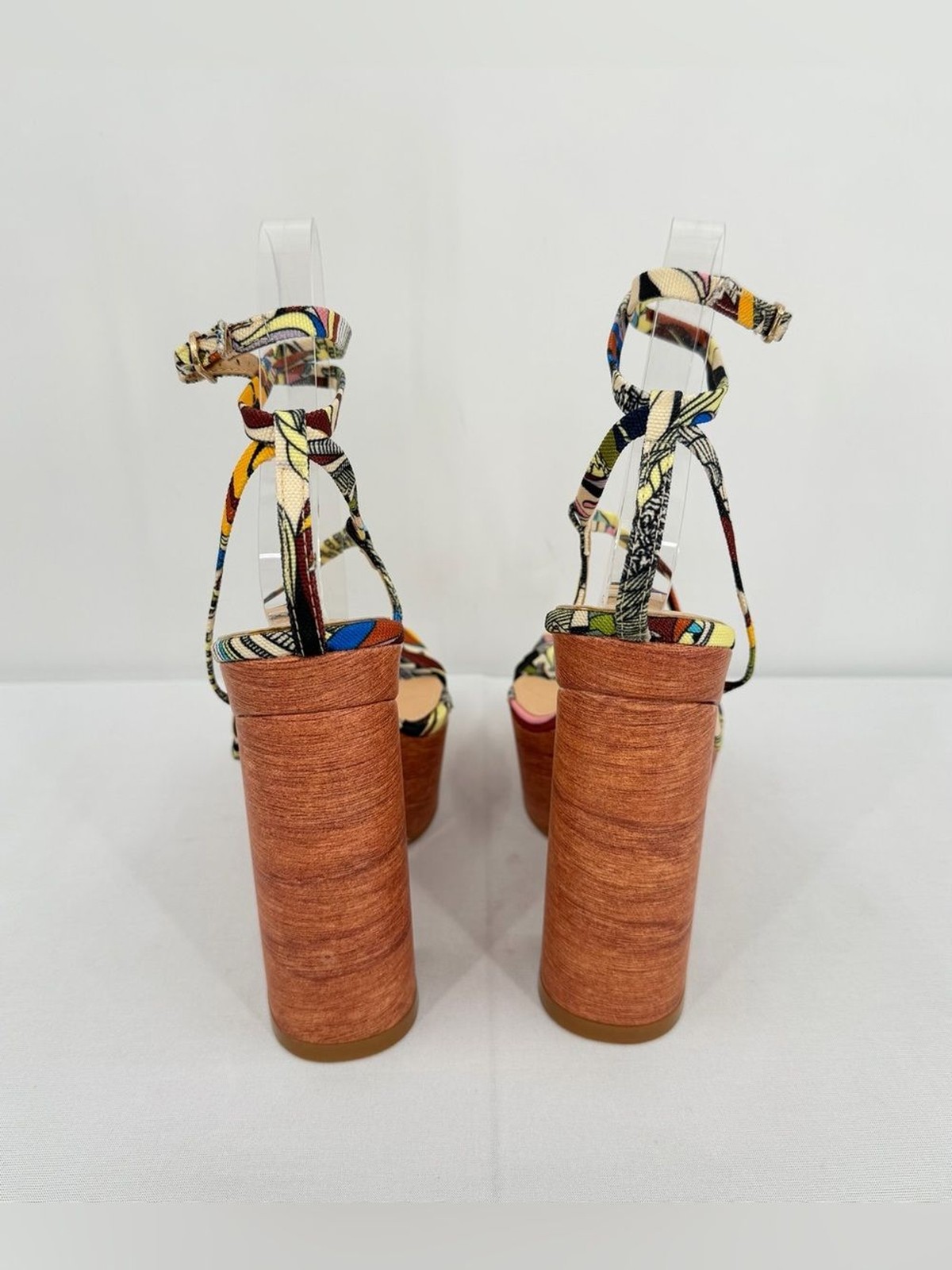 Resort Platform faux wood Block Heel Sandals Multicolor Vacation Heels 6.5