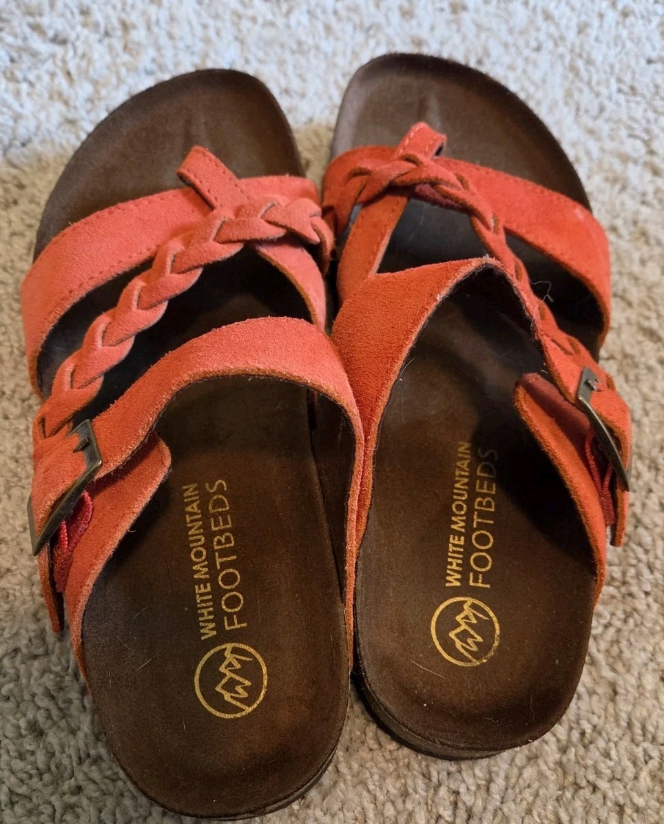 White Mountain Suede Leather Toe-Post Slide Sandals Orange Cork Bottom