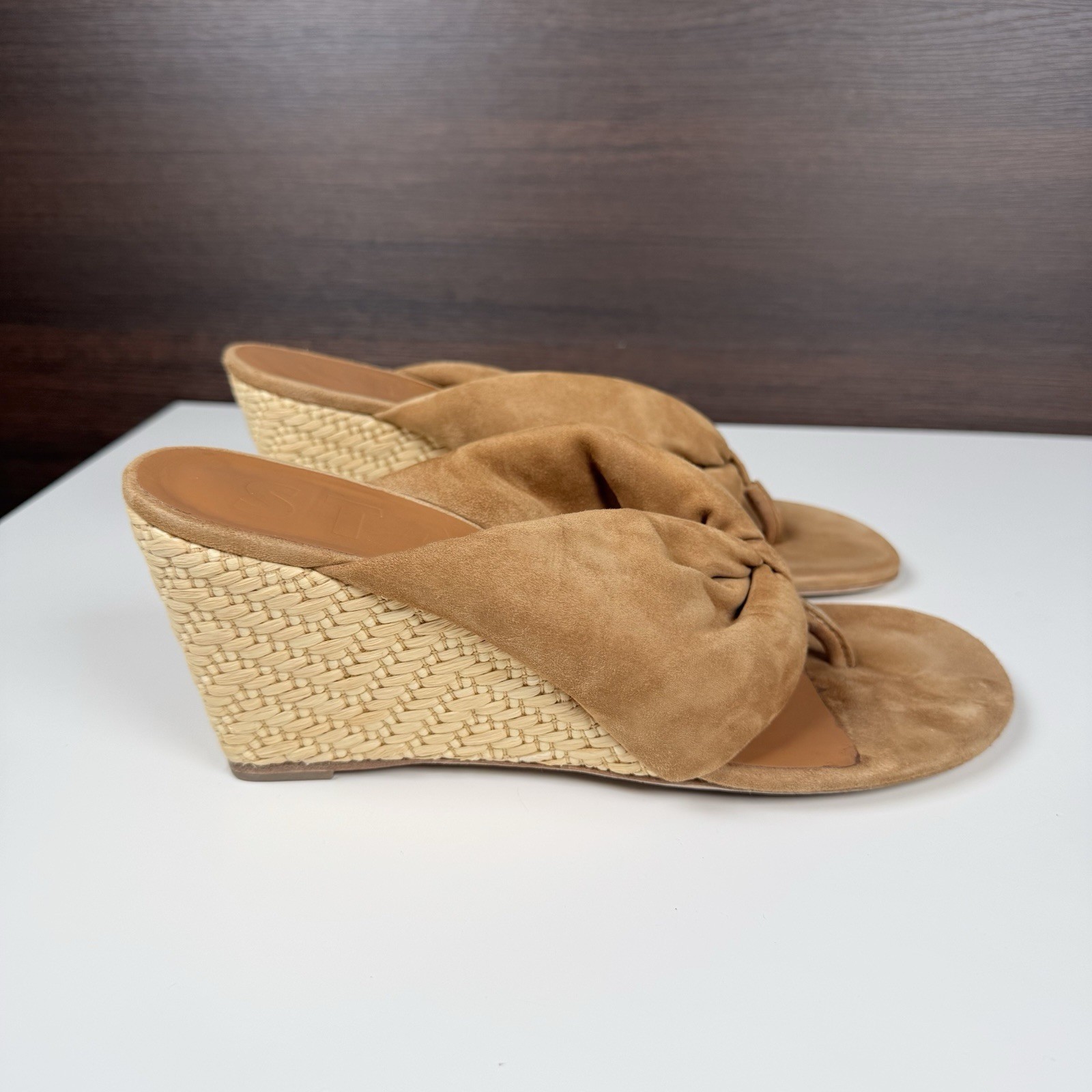 STAUD Dahlia Suede Knot Sandals Wedge Heel Tan Portugal Women’s size 9 / EU 39