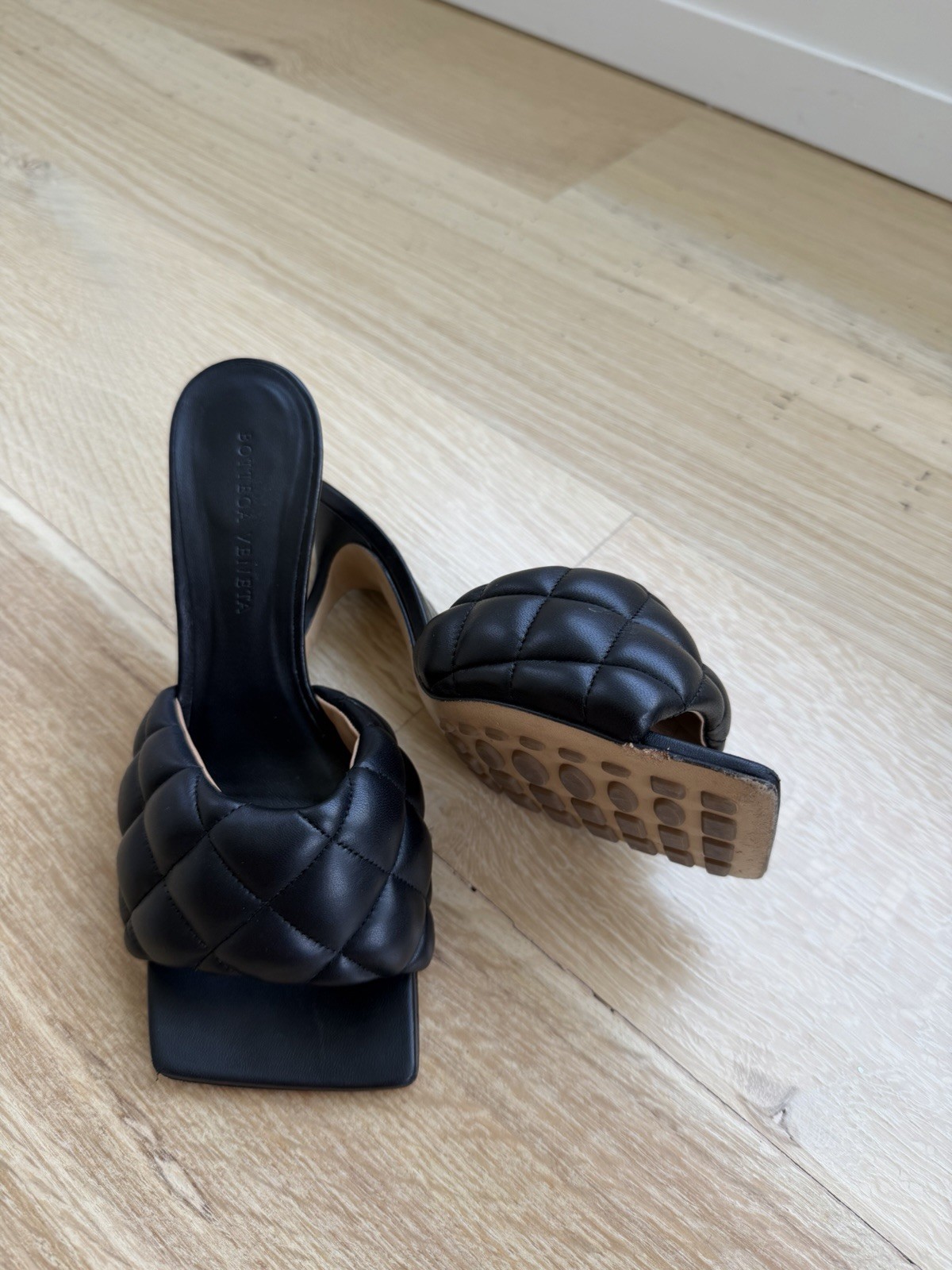 Bottega Veneta Women’s Black Quilted Square Toe Matelass Mule Heels 6/36
