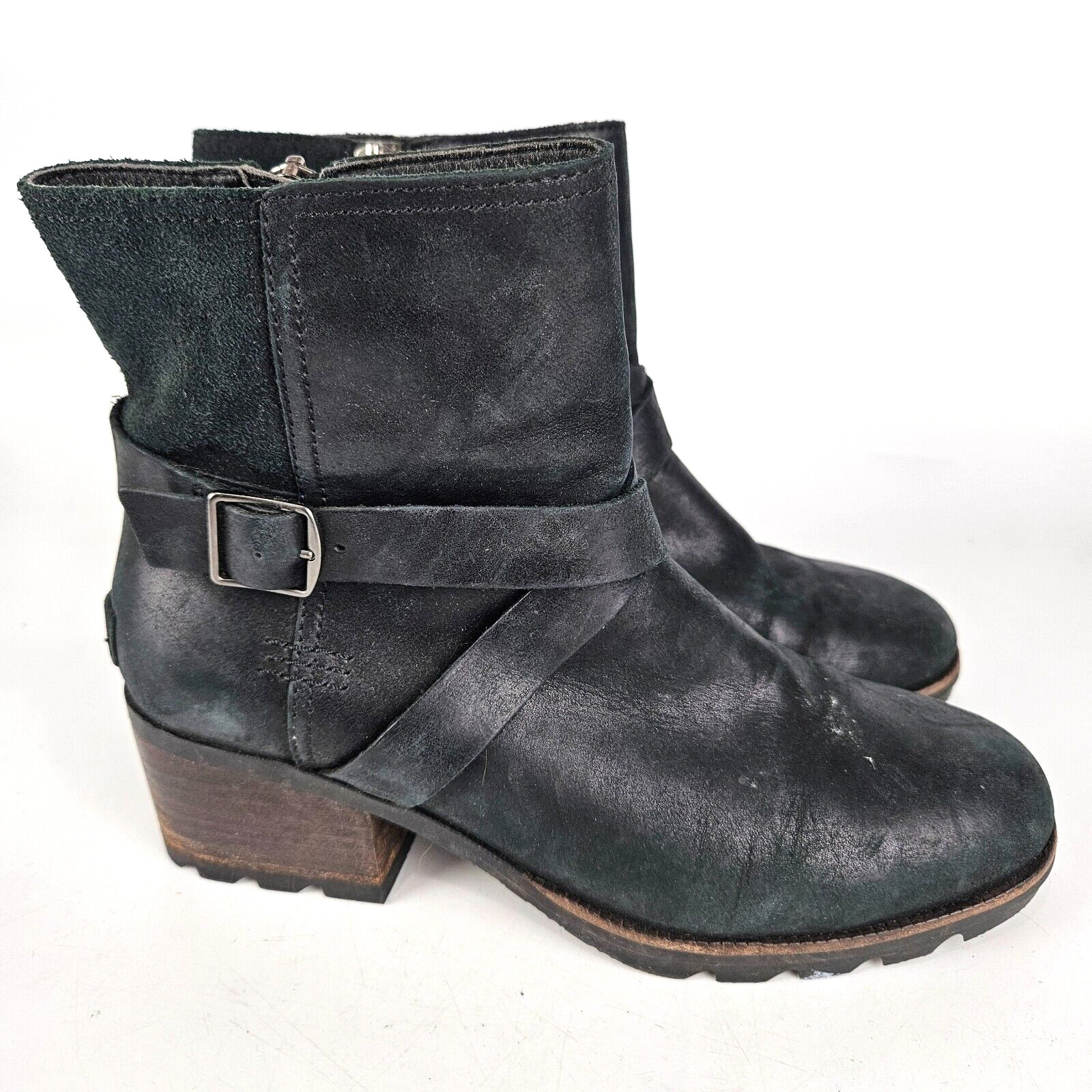 Sorel Cate Buckle Boot Womens 8 Black Leather Ankle Strap Waterproof Side Zip