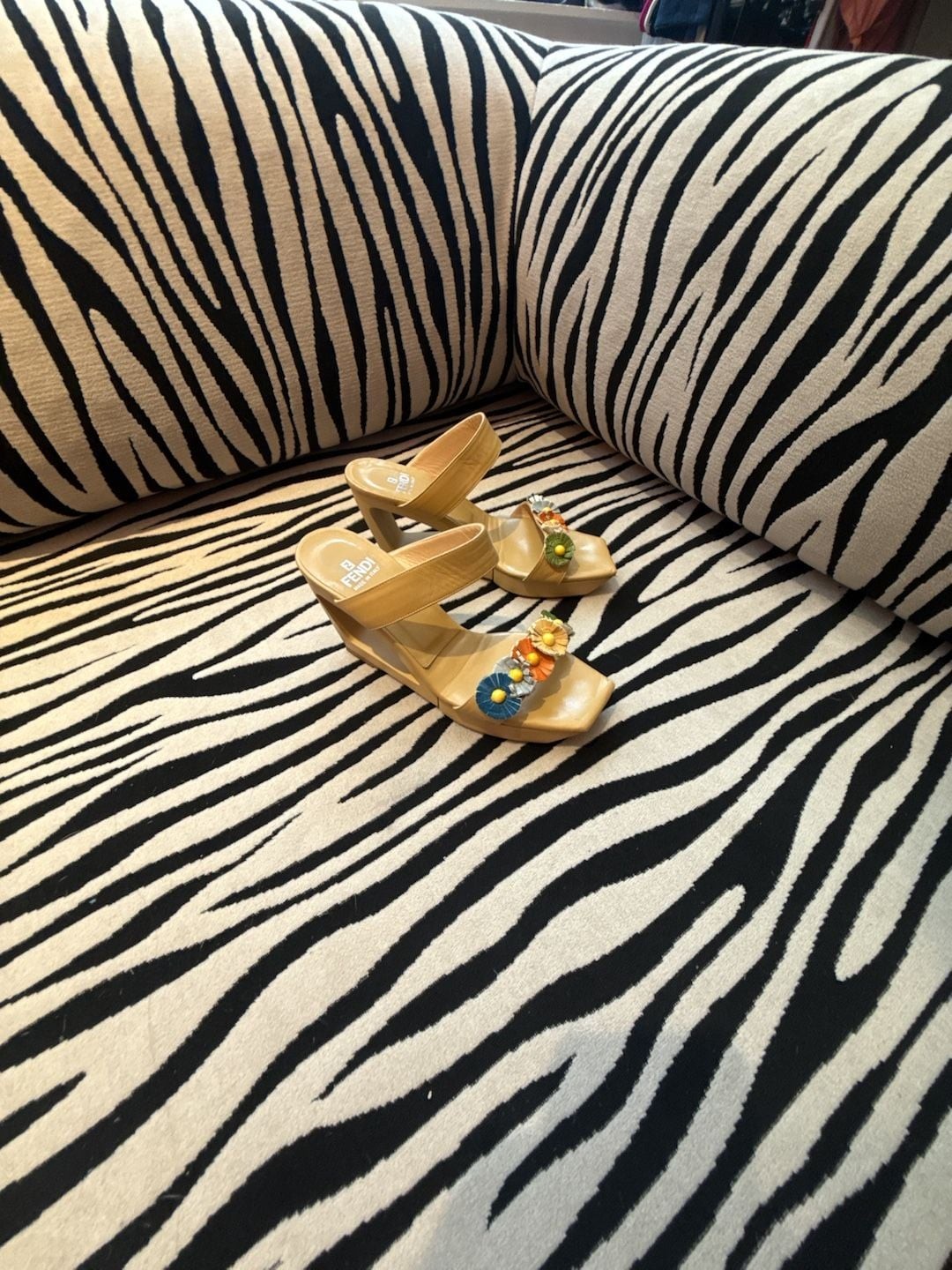 Fendi ladies open wedge floral sandal Nappa camel leather- Size 36 US 6