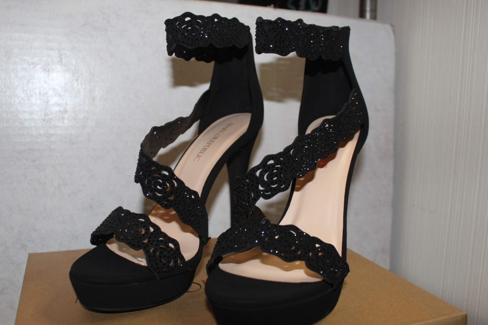 Marco Republic Yorkshire Laser Cut Rose Stiletto Sandals Black 5.25” Heel