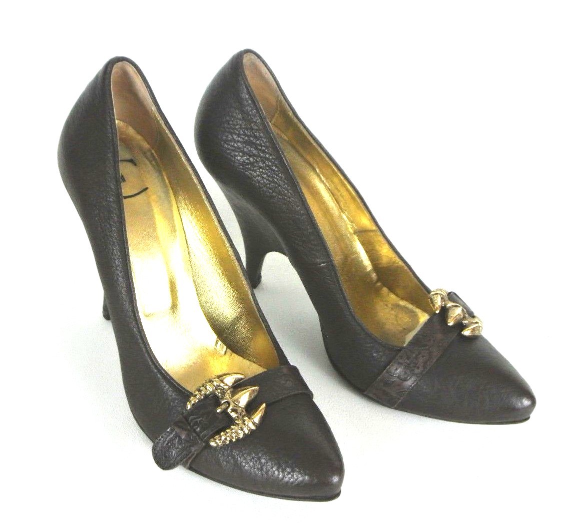 Just Cavalli Brown high Heel pumps 9.5 Gold Buckle Made In Italy Pointy toe*1008
