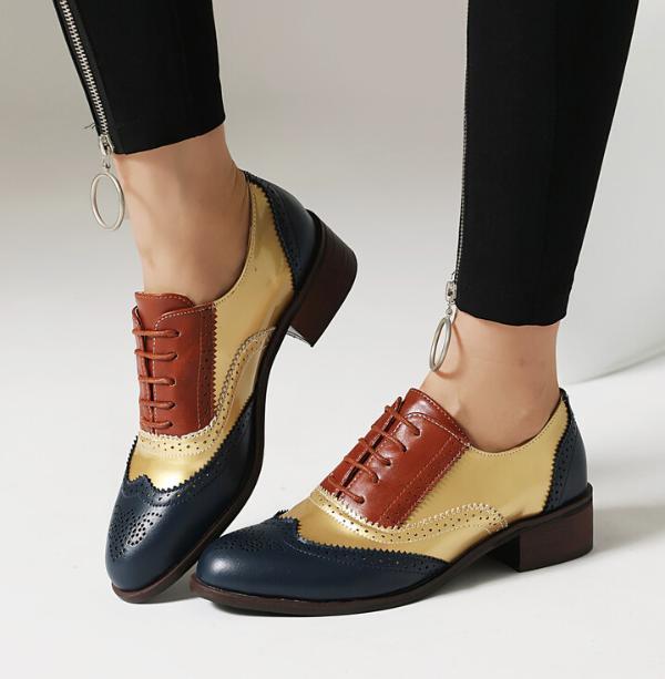 Brogue Shoes Patchwork Two Tone Color Matching Women’s Lace Up Carved College SZ