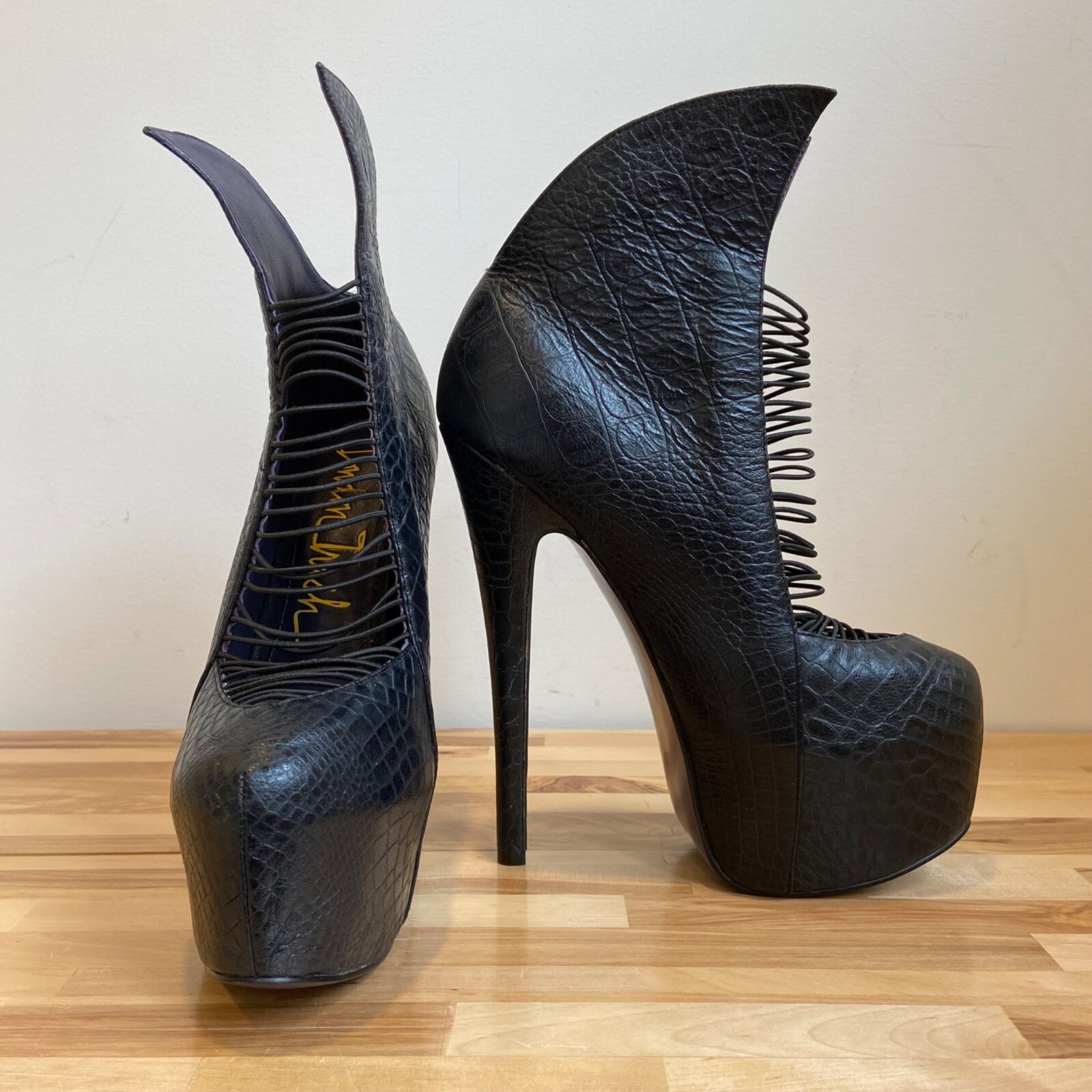 London Trash Black Crocodile Textured Stiletto Heels With Unique Lace-Up Design