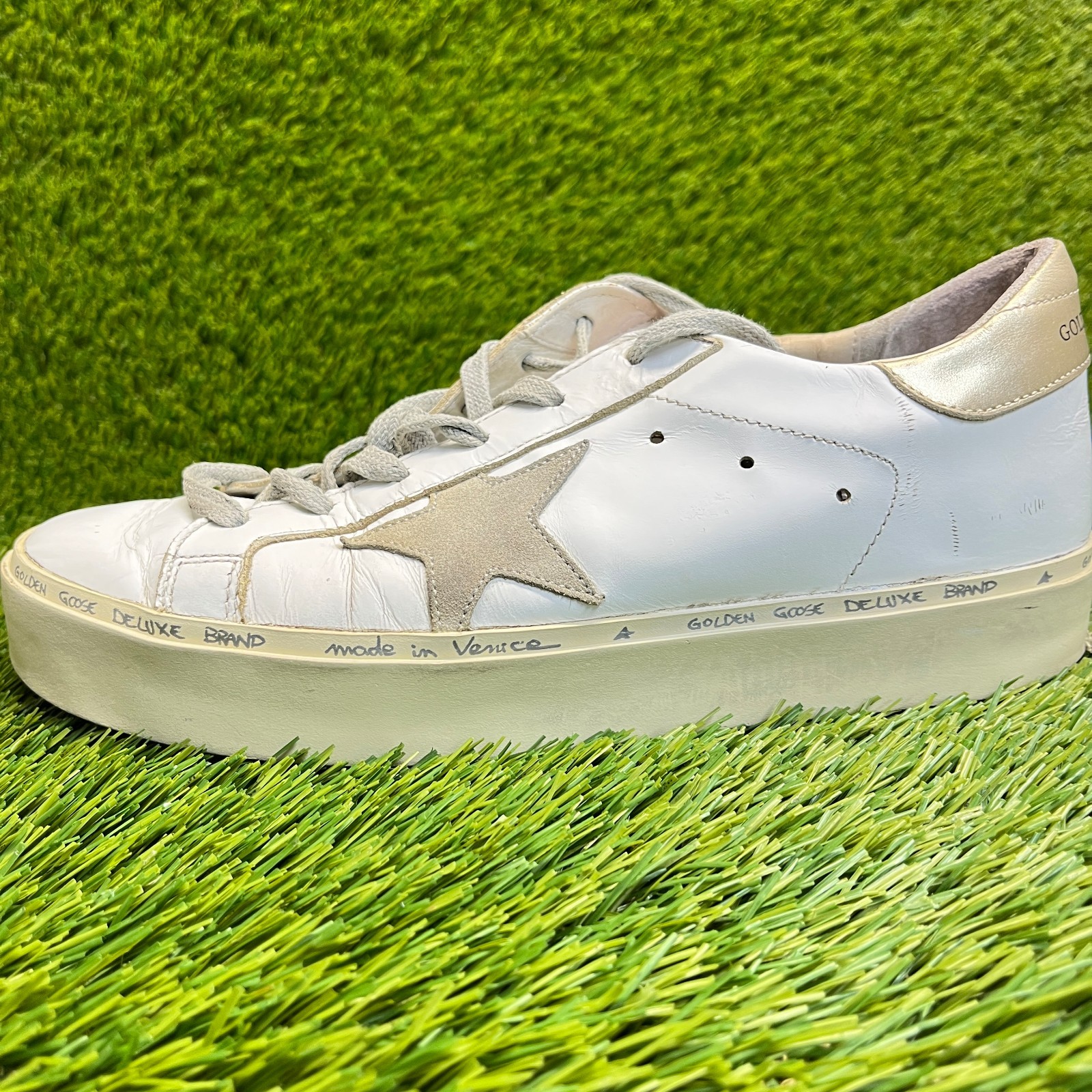 Golden Goose Hi Star Womens Size 9 White Beige Athletic Leather Shoes Sneakers