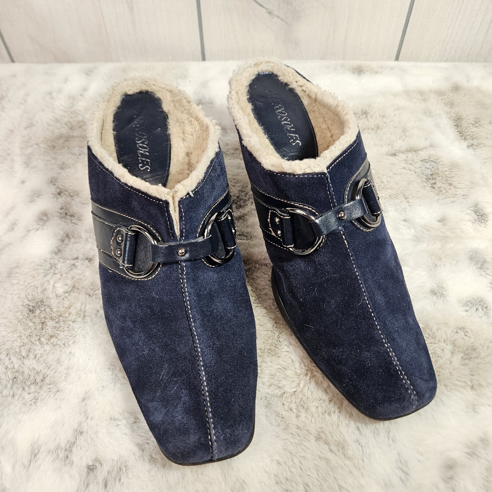 Aerosoles Women’s Mules Clogs Size 7.5B Blue Suede Cinch Shearly 2.5″ Heel Slip
