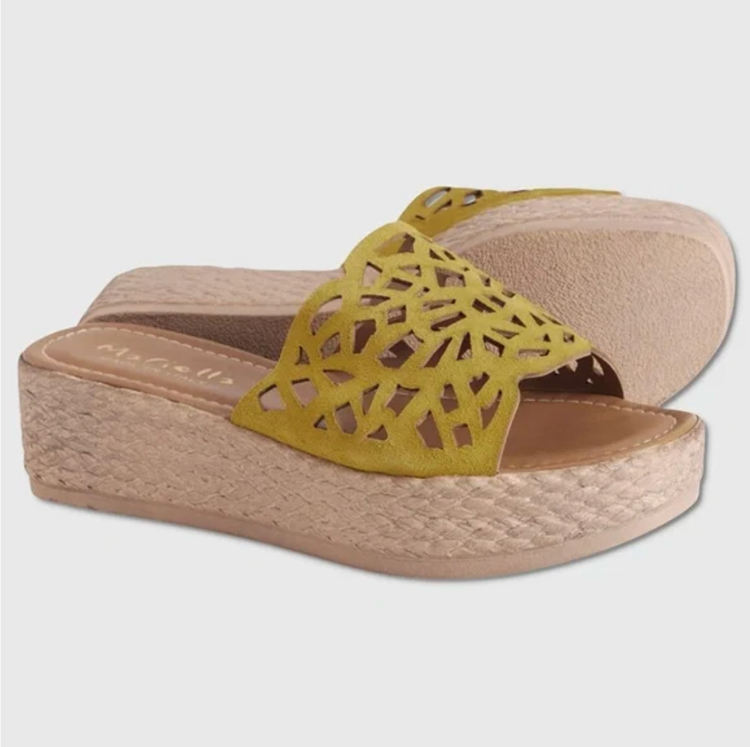 Mariella Laser Cut Platform Sandals – NEW Womens 8 Yellow / Tan – #45353-TOP2