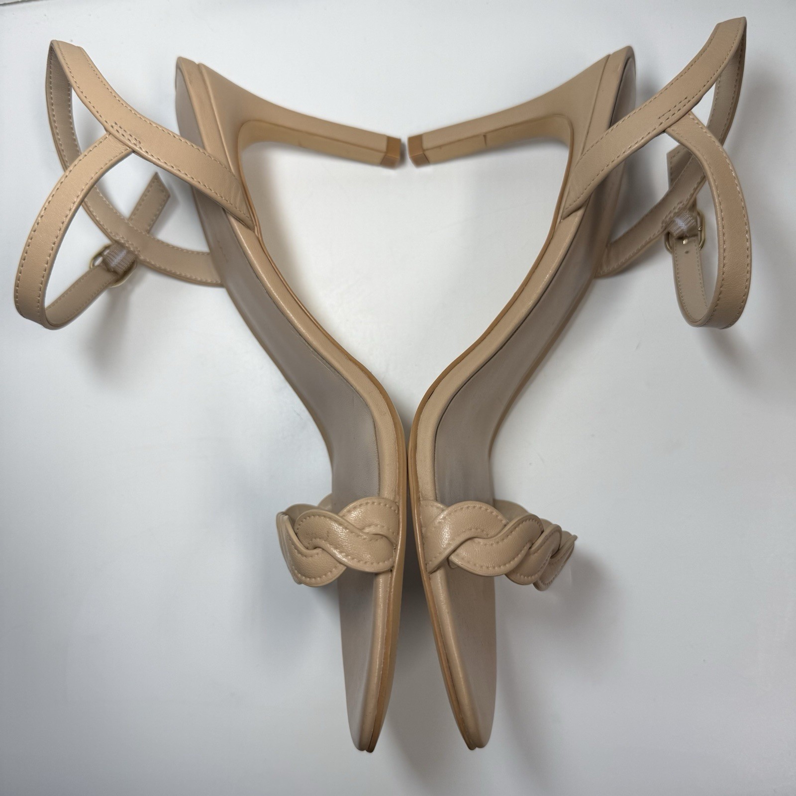 Stuart Weitzman Dancer Twistie Leather Sandal Heels In Golden Beige Sz 9.5 New