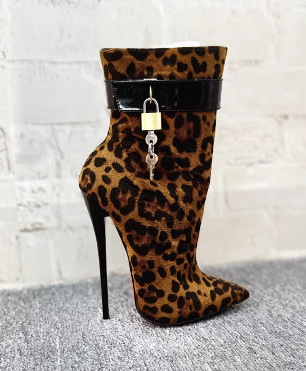 Womens Lock 16cm High Stiletto Heels Sexy Pointed Toe Metal Ankle Boots Shoes