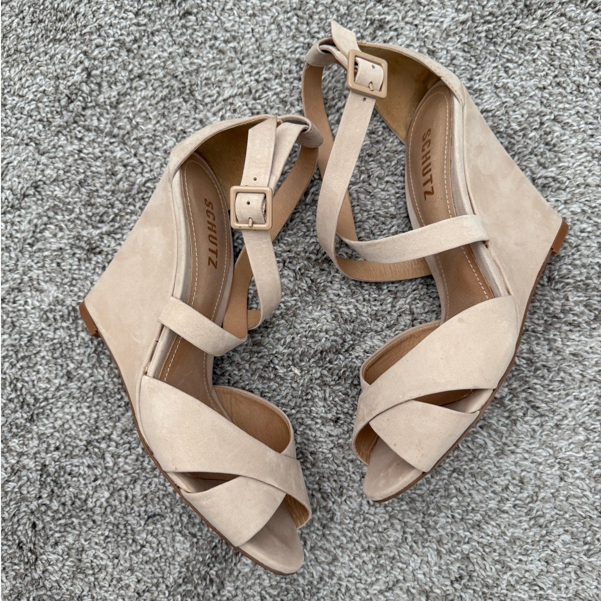 Schutz Wedge Strappy Sandals Beige Nubuck Size 8