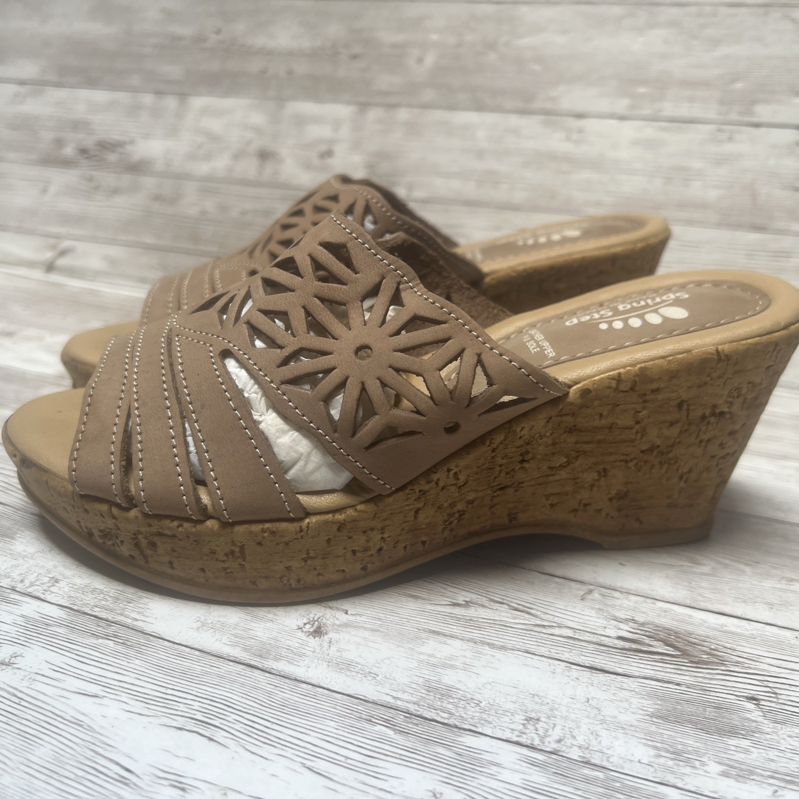 Spring Step DORA Cork Wedge Comfort Slide Sandals Women EU 36/US 6 Taupe Leather