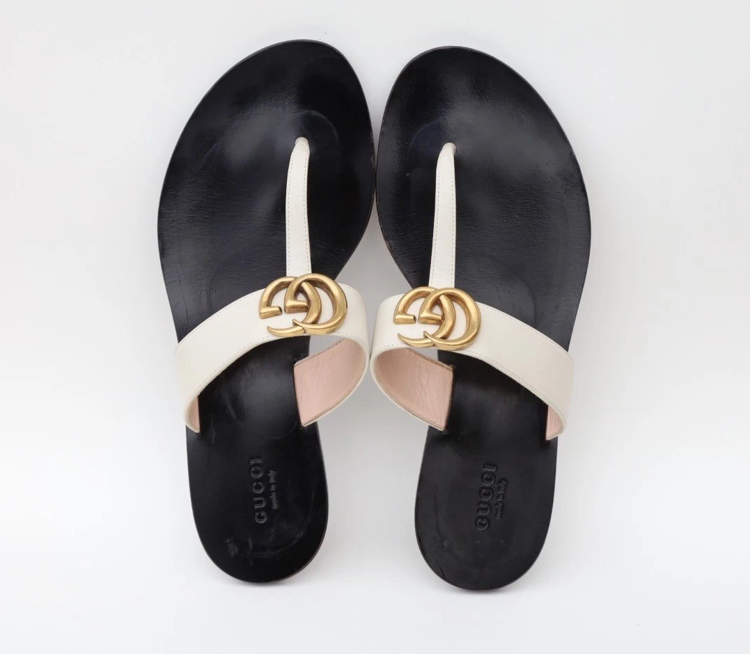 Gucci Marmont GG Thong Sandals Slides Size 38/ US 8 in Black White Ivory Leather
