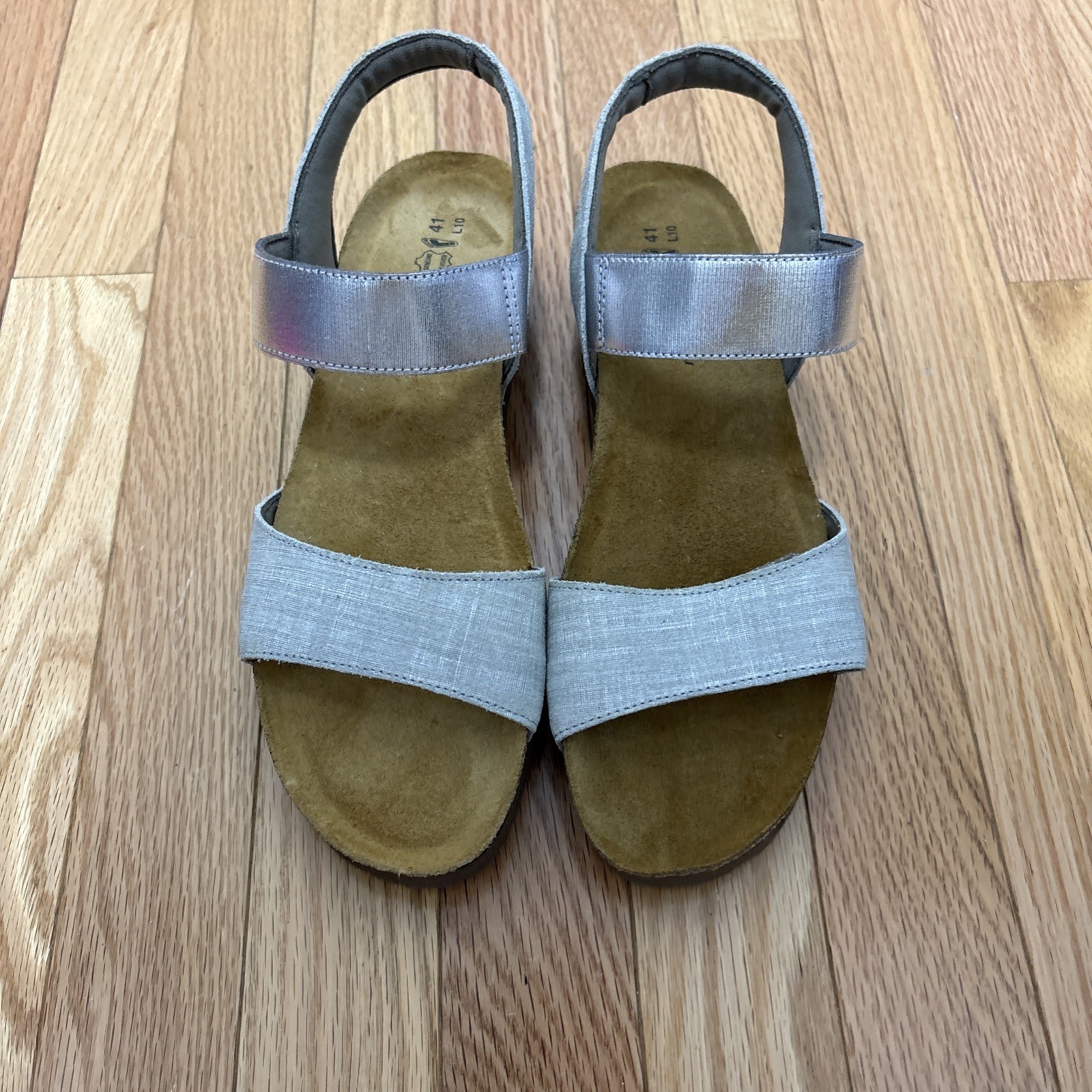 Naot Emily Sandals in Gray Linen Leather Cork & Latex Footbed – Size 41 L10