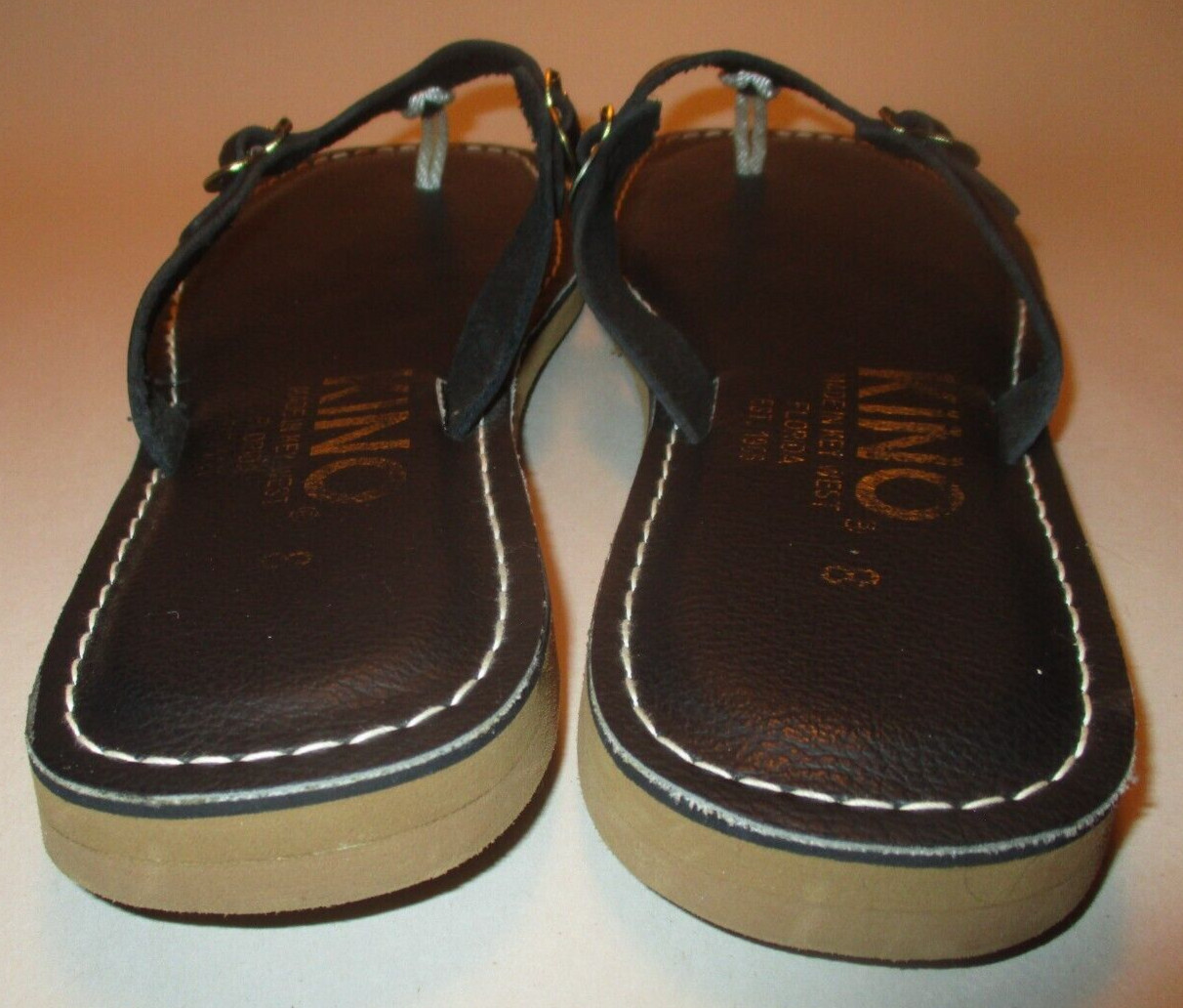 KINO Womens 8 Key West,Florida Navy Blue Leather Adjustable Strap Flip Flops