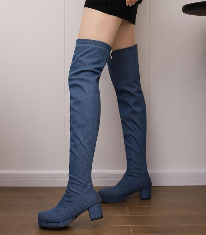 Womens Cowboy Over The Knee High Boots Denim Jean Round Toe Mid Block Heel Shoes