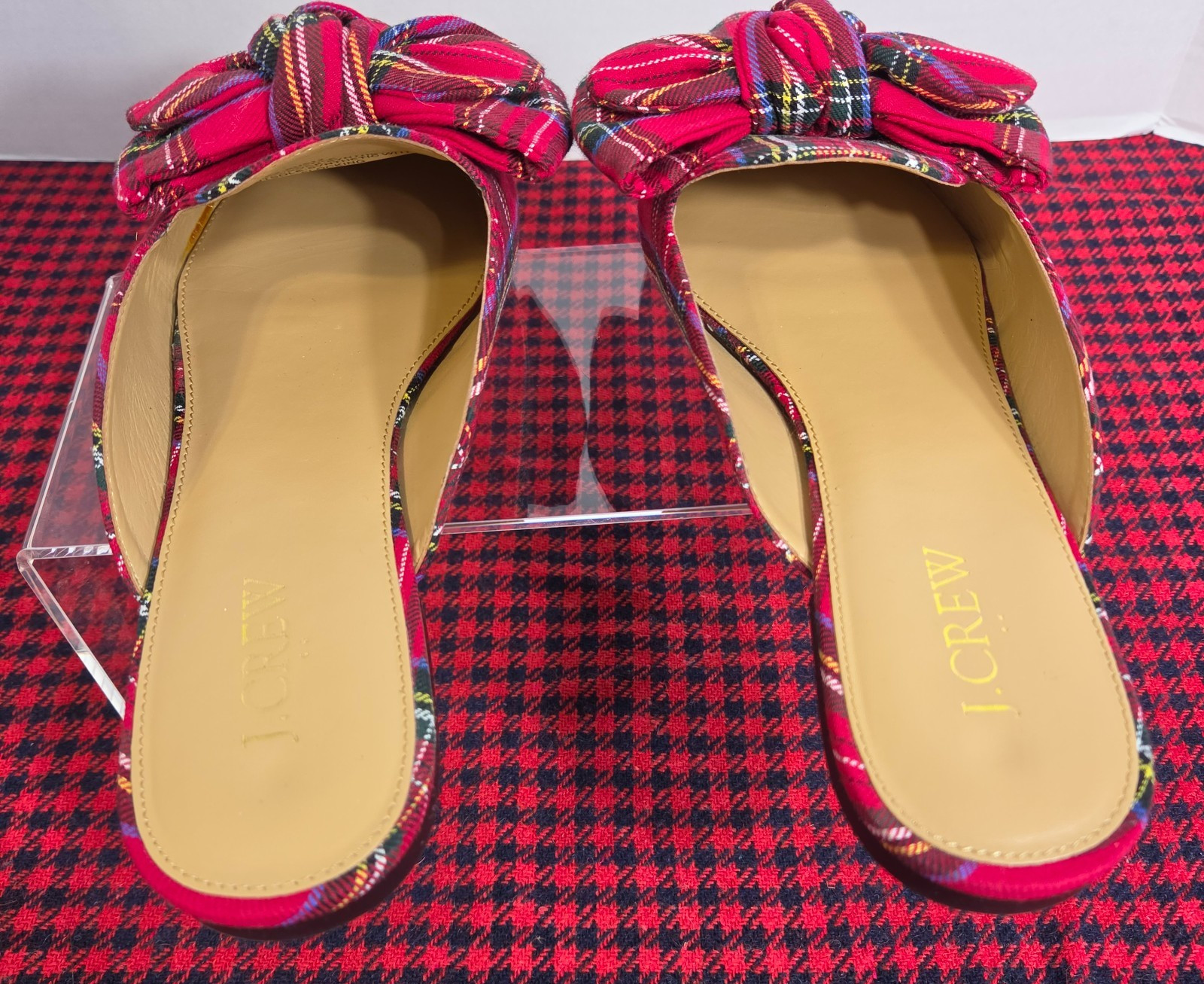 J.Crew Womens Red Tartan Plaid Bow Pointed Toe Christmas Mule Flats Size8 Plaid