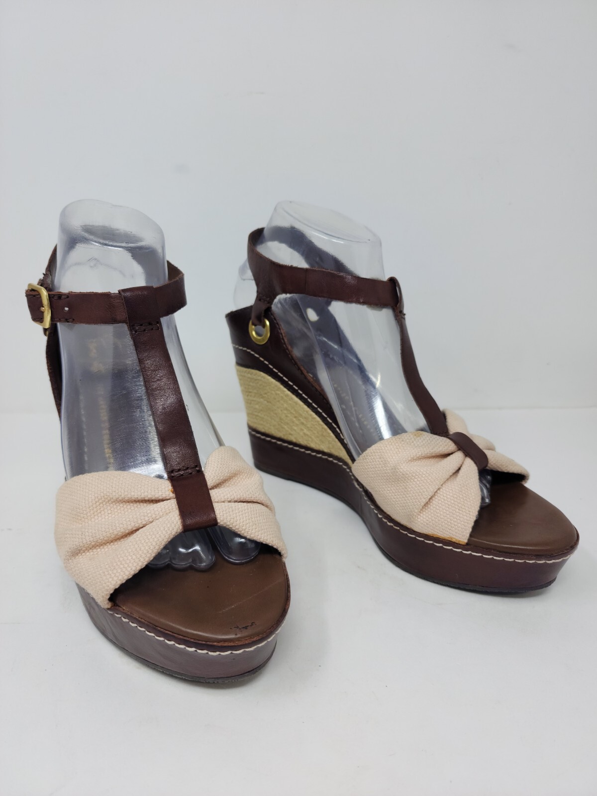 Franco Sarto Rivera Womens 8 Brown Leather Cream Wedges Heels Sandals Espadrille
