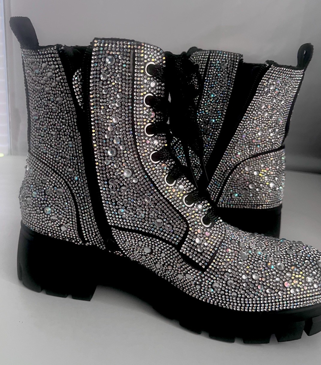 Corky’s Mood Womens Clear Crystal Rhinestone Combat Boots Size 8