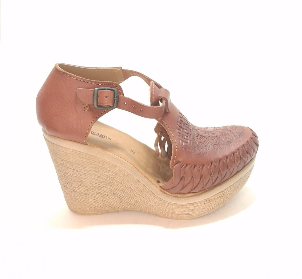 Mexicanita Handmade Leather Wedge Sandals Womens 9 Cognac Tooled Floral Huarache