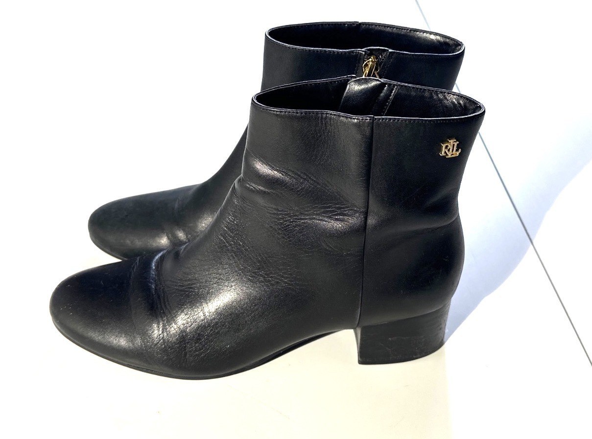 Ralph Lauren Black Leather Ankle Boots With Gold RL Logo & Side Zipper Closure –