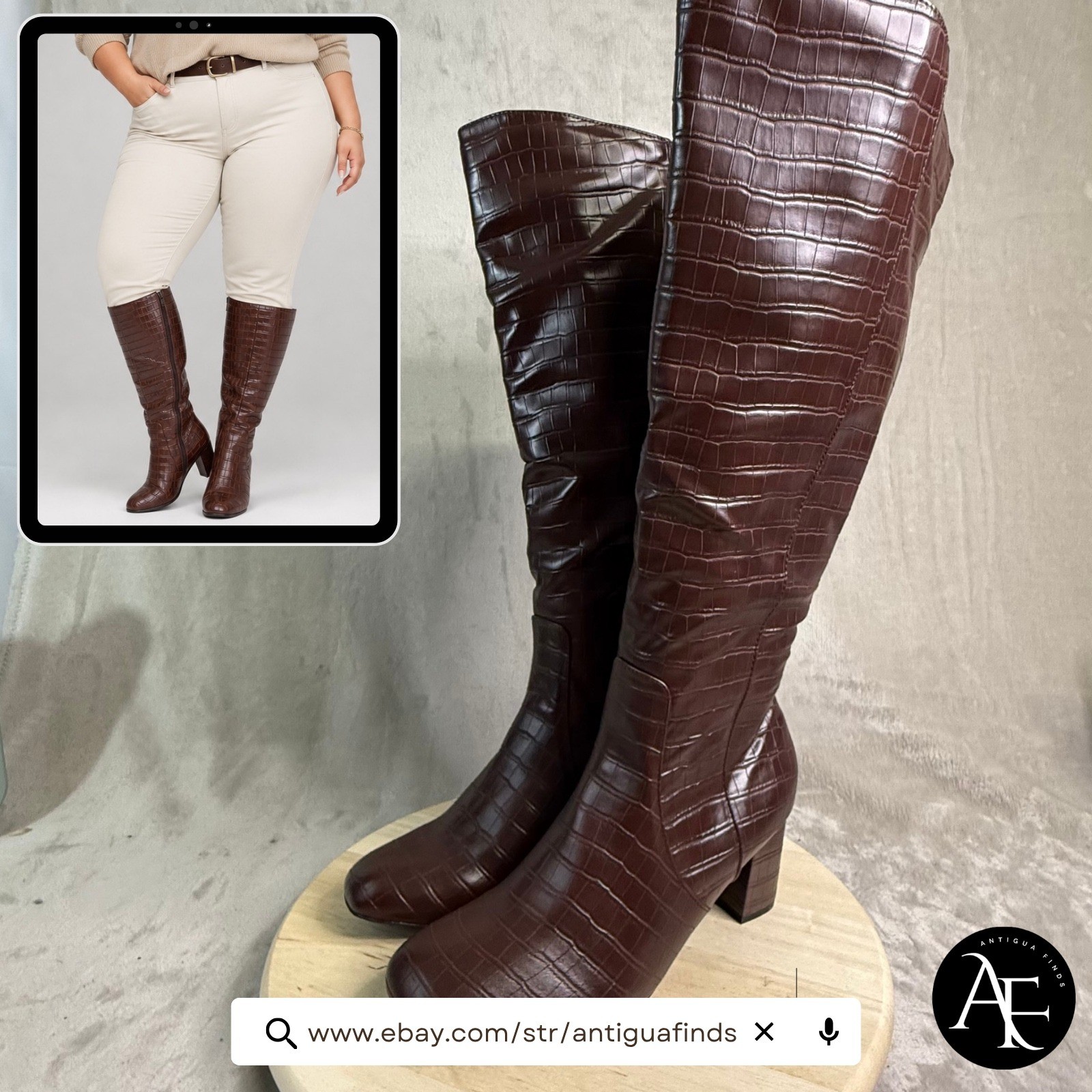 Torrid Womens 12 Brown Croc Square Tapered Heel Knee High Boots 13899414