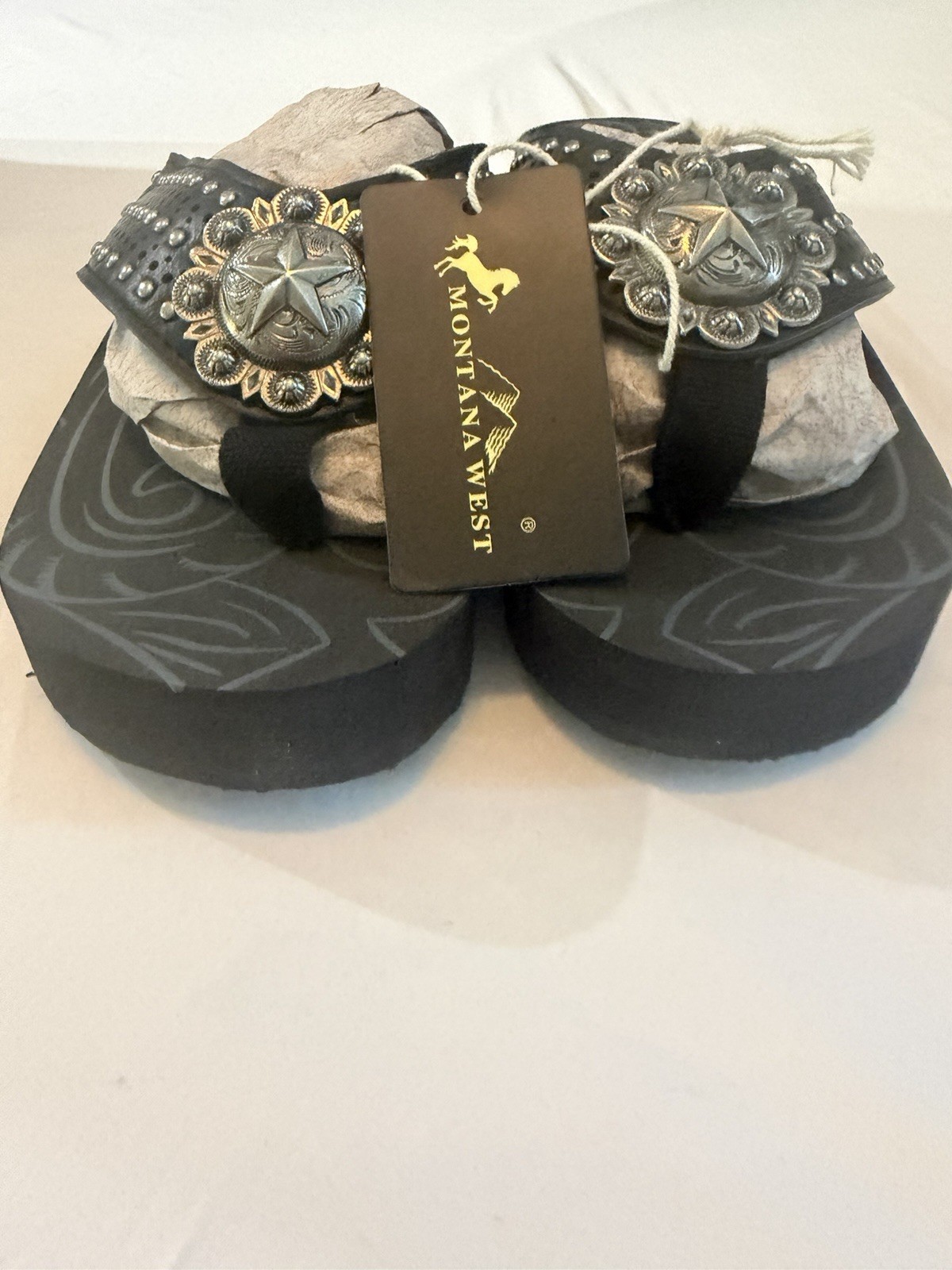 Montana West Women’s Leather Thong Wedge Sandals Western Studded Black 8 NIB