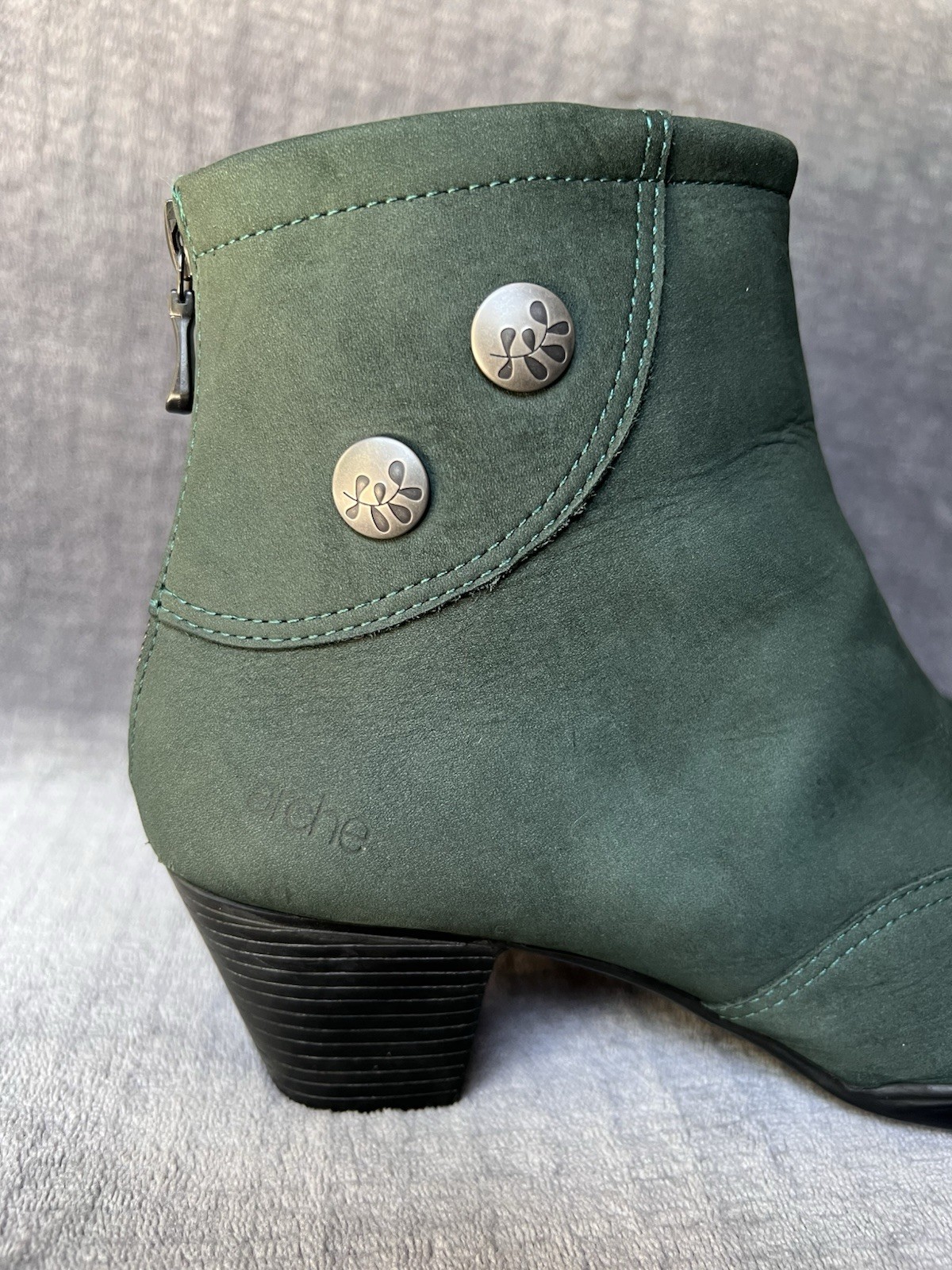 Arche Leather Ankle Boots Sz 40 , 9 Green Nubuck Stacked Heel Back Zipper France