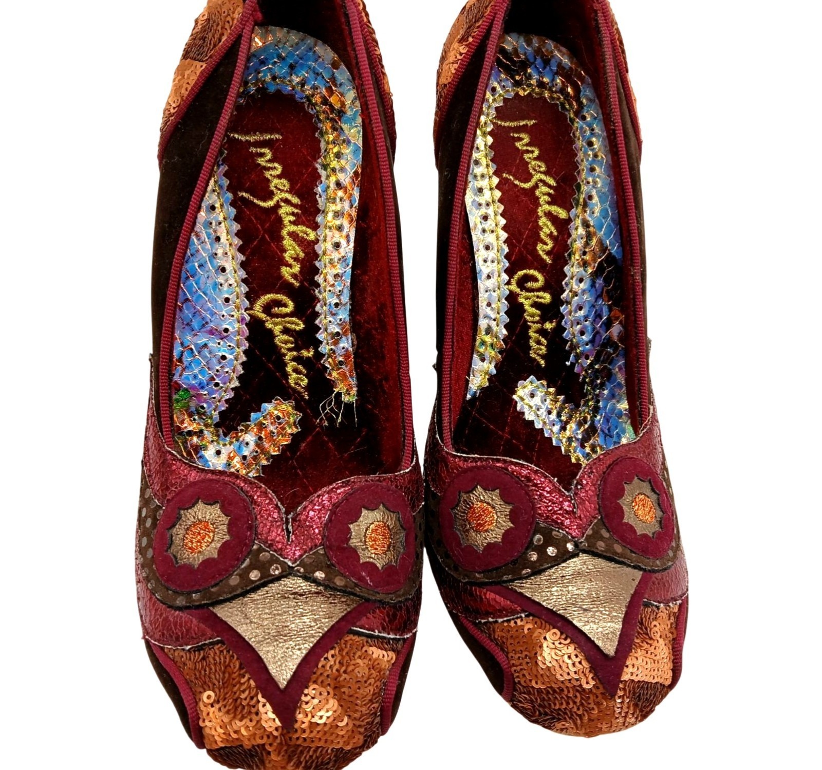 Irregular Choice Burgundy Gold Sequin Velvet Heels Acrylic Clear Heel Size 39 EU