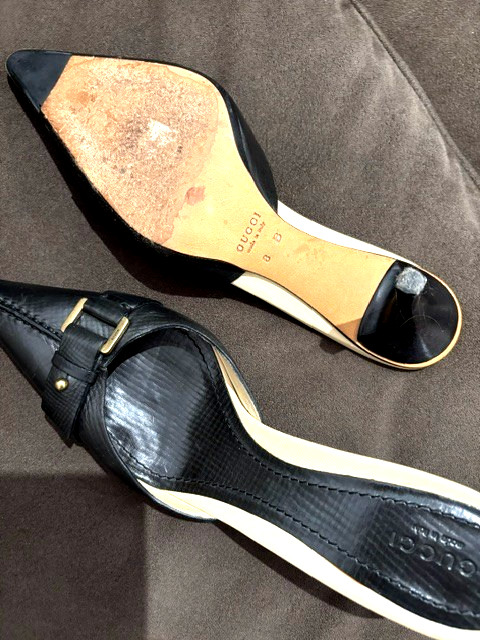 GUCCI women’s 100% leather stilletto mules with logo buckle EU size 8 Italy