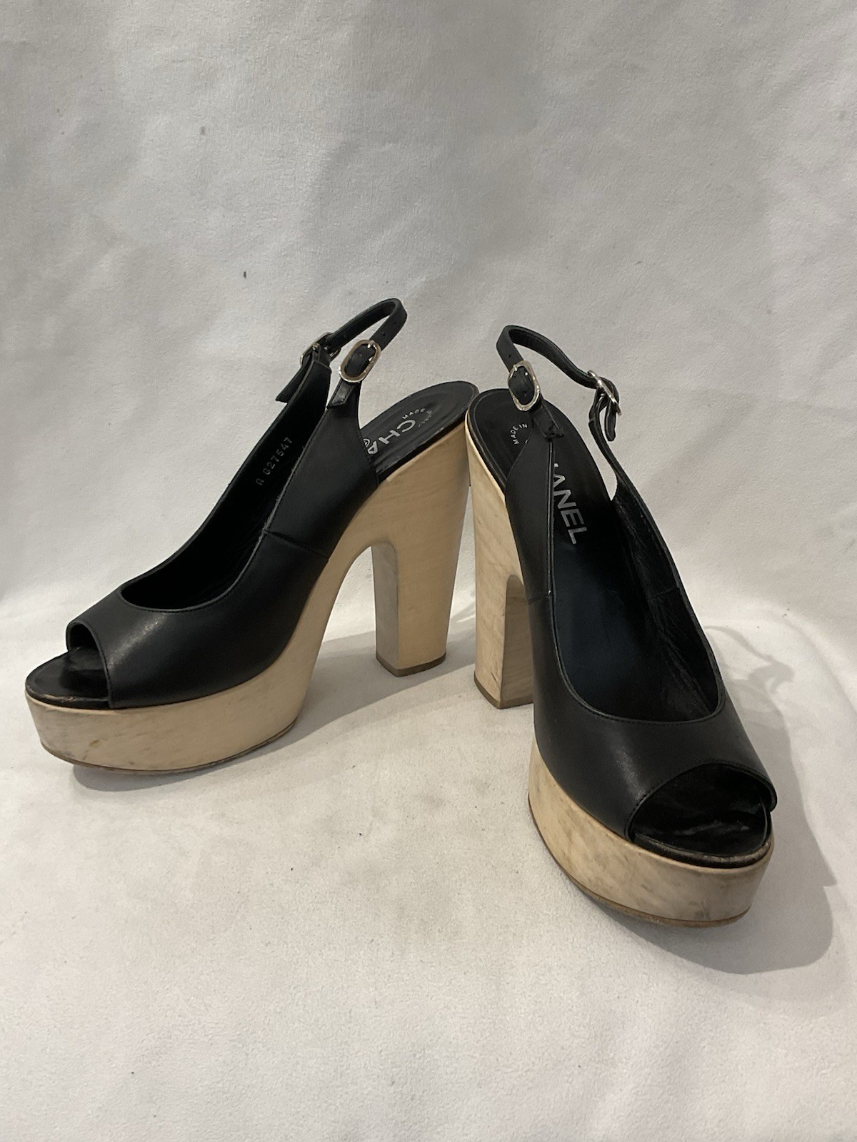 CHANEL Black Leather Peep Toe Platform Slingback Block Heels EU 41