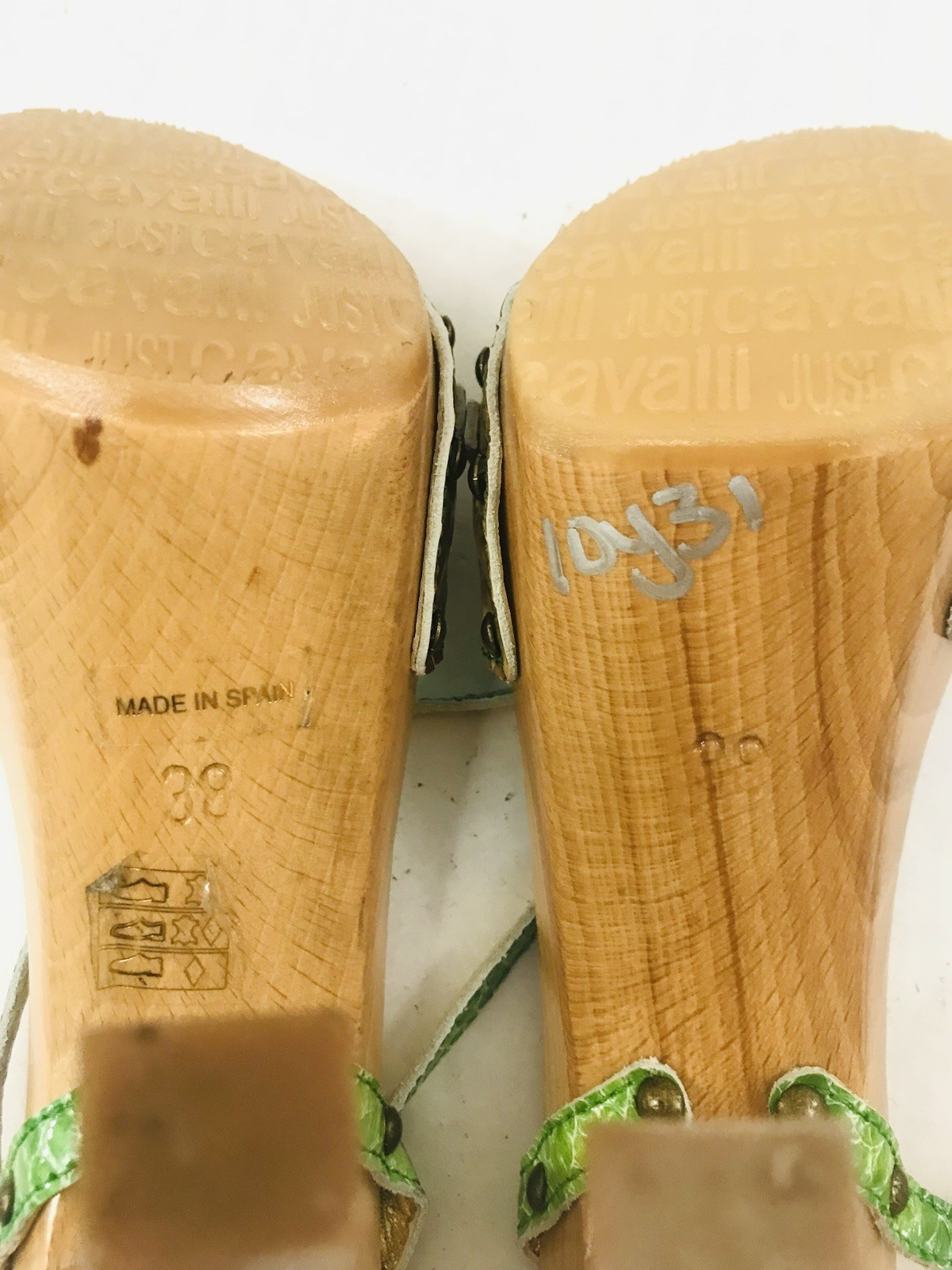 Just Cavalli Wooden Platform Green Snake Embossed Sandals – Size EU 38 | US 8