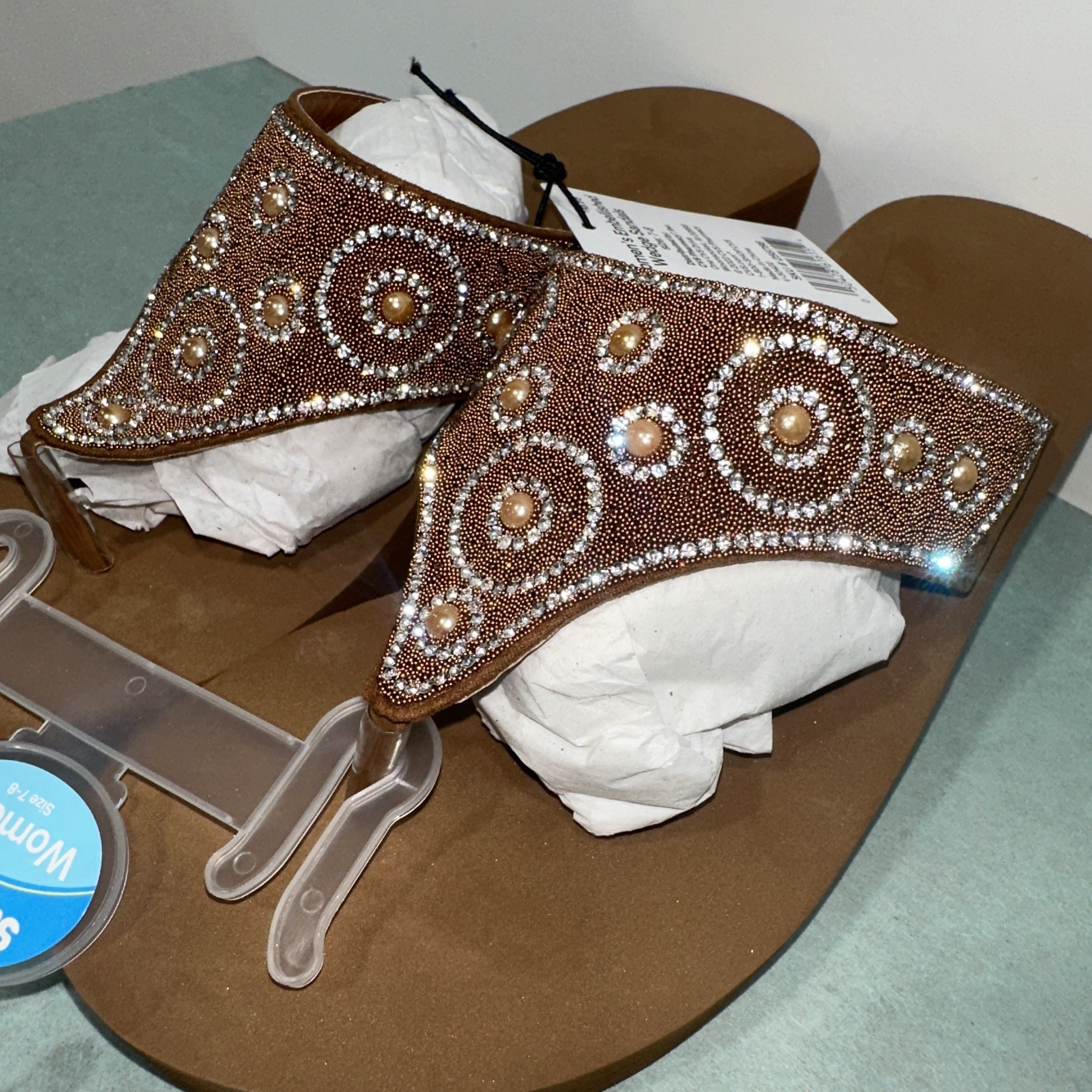 Sun & Sky Women’s 7-8 Brown Embellished Wedge Thong Sandals NWT