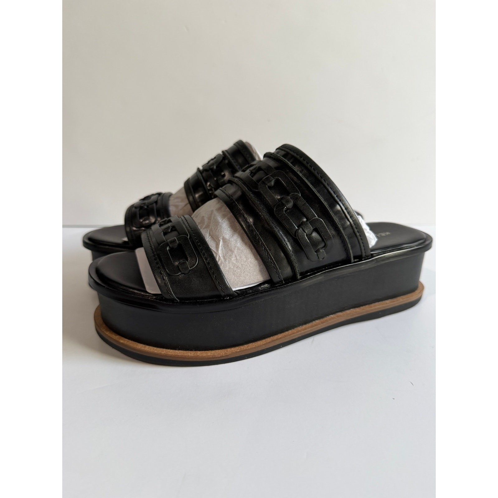 Kelsi Dagger Brooklyn Drift Platform Slide Sandals Leather Black Sz 7 NEW