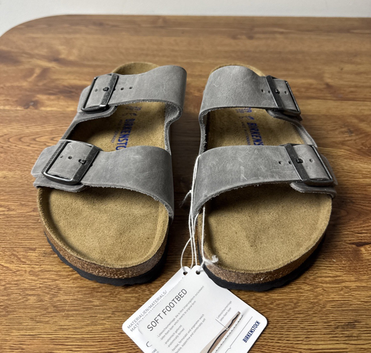 Birkenstock Sandals Unisex Arizona Iron Oiled Leather Slides Soft Footbed M6 W8