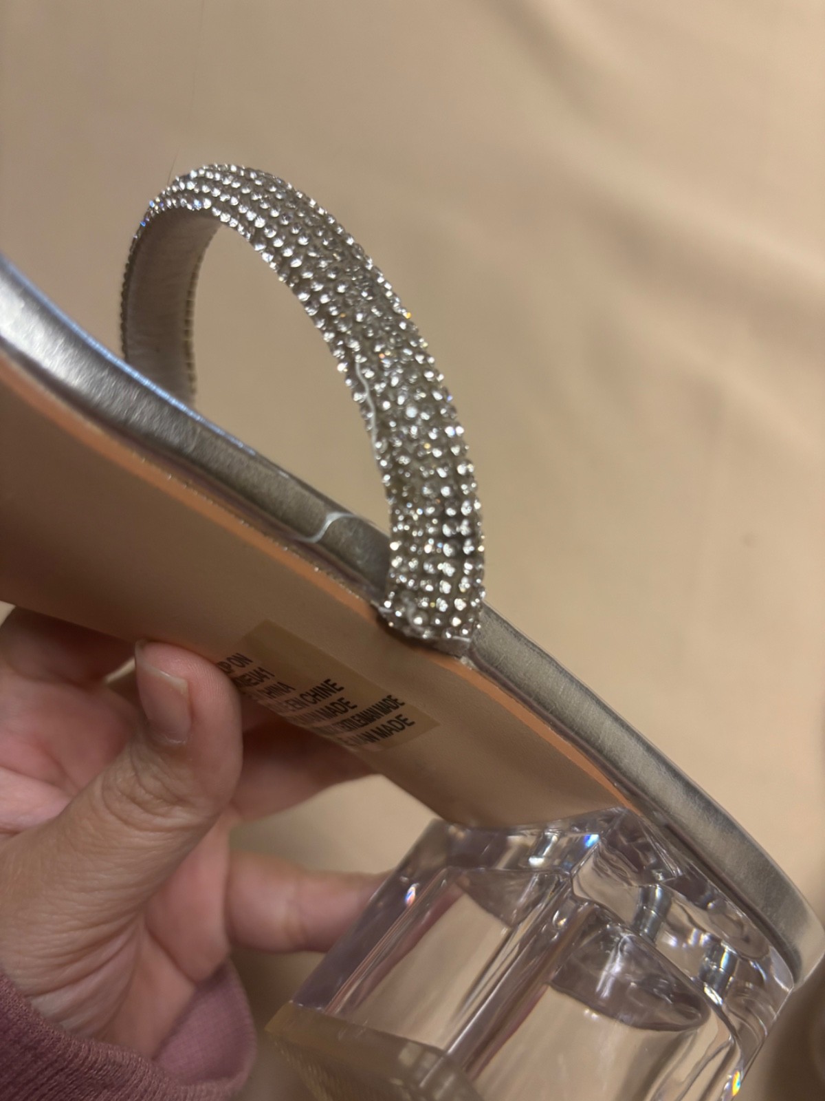 JustFab Block Heel Women’s Silver Chloe Slip On Strap Beaded Clear Sz 10 READ