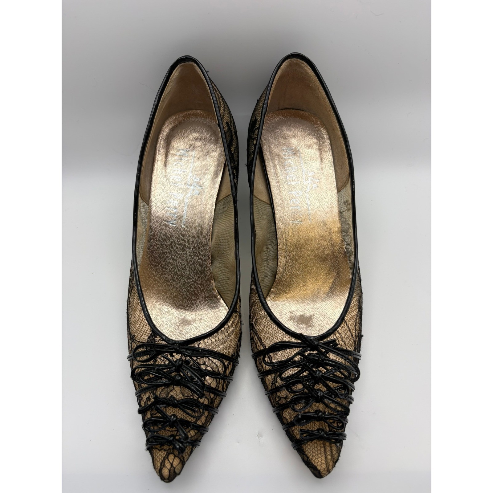 Rare Michel Perry Lace Mesh Pumps 36.5 Black Nude Kitten Heel Pointed Y2K Italy