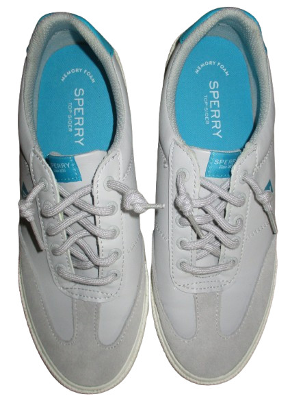 Sperry Pier Wave gray & aqua top sider slip on sneaker leather Womens size 8.5