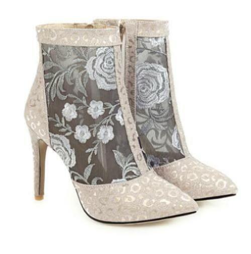 Womens Faux Leather Mesh Flower Side Zip Pointed Toe Sandals Casual Ankle Boots