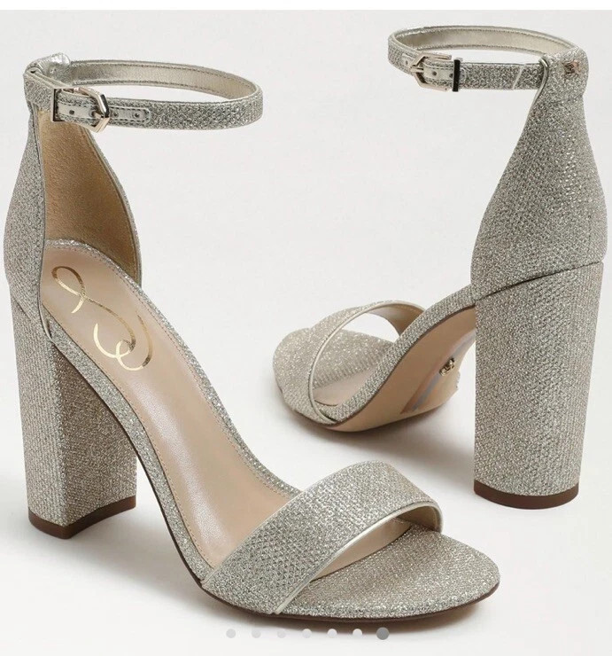 Sam Edelman Yaro Sandal Block Heel Ankle Strap Silver Metallic Ankle Strap 9 /40