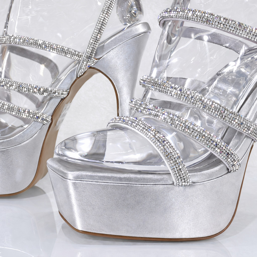 Maui Silver 6″ Flared Platform High Heels Rhinestone Straps