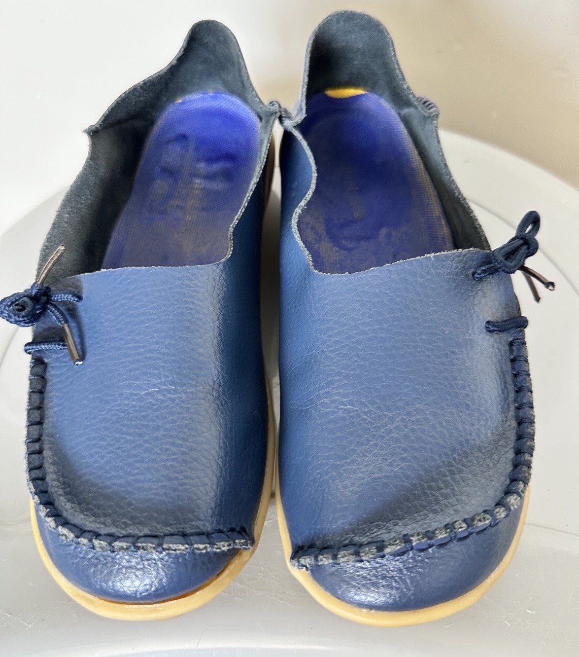 WOMENS SOFT LEATHER LOAFERS BLUE STICHED FLAT SLIP ON MOCCASIN CASUAL SHOES SZ 6