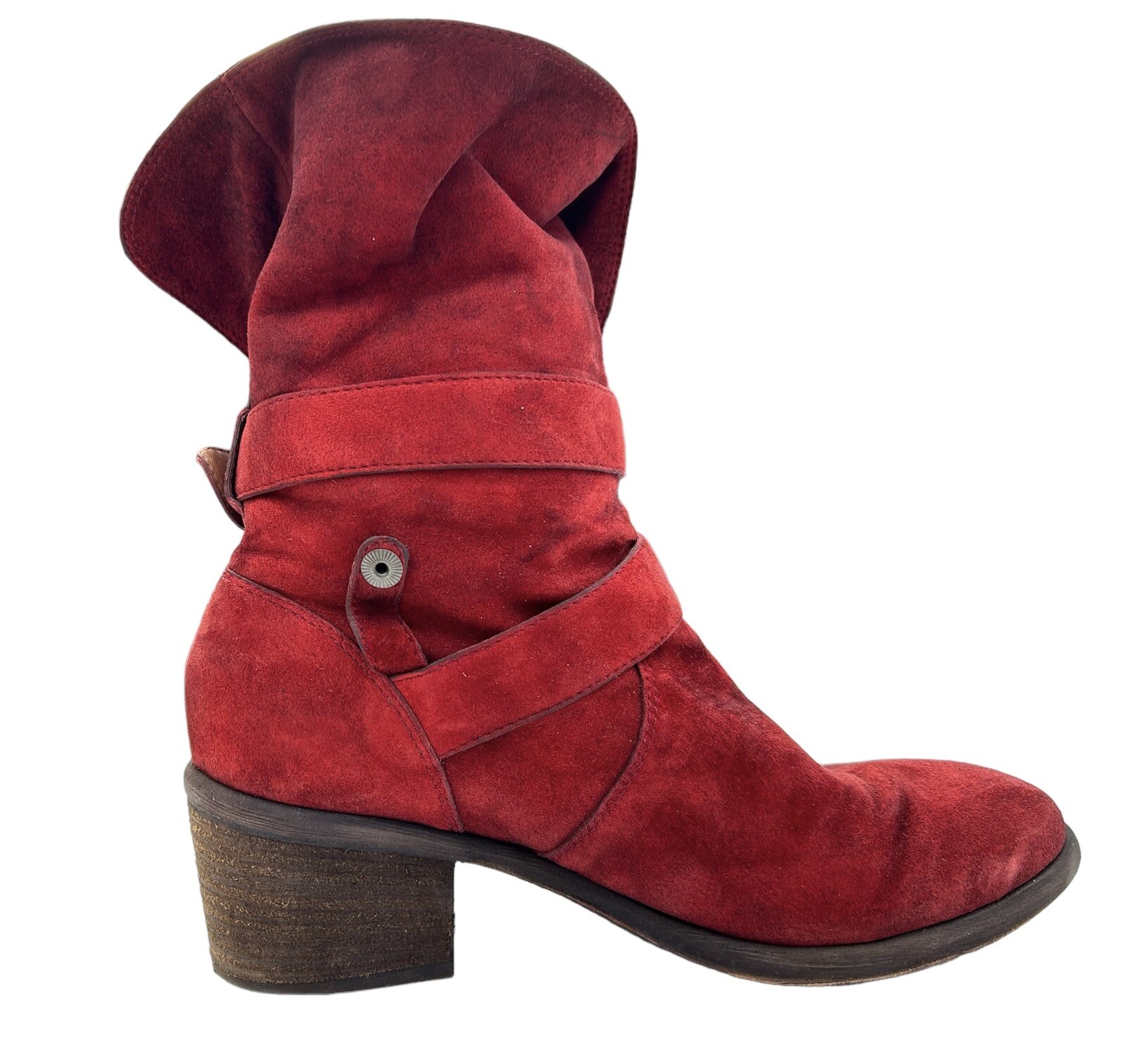 DONALD PLINER Moto Boots SIZE 6.5 Mid Calf Distressed Red Suede Buckle Fold Over