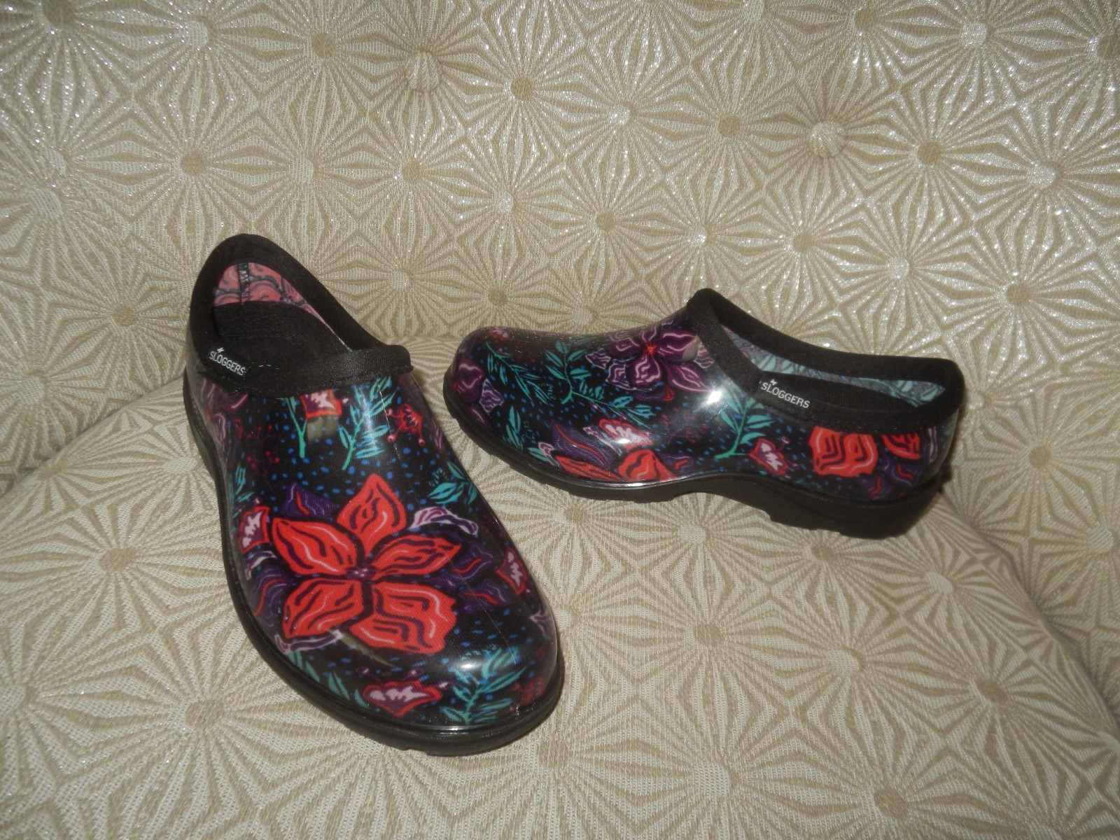 SLOGGERS Womens Bright Floral Black Rubber Garden/Rain Low Waterproo Boot 6M $40