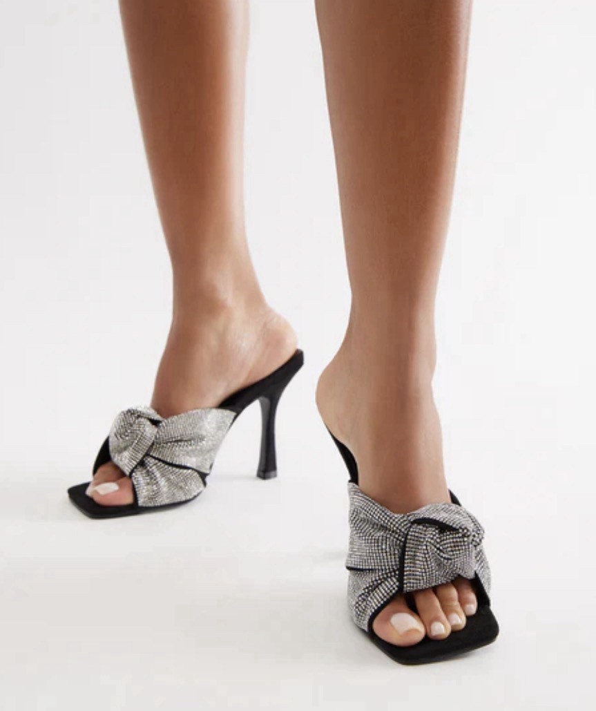 Wild Diva Black Silver Rhinestone Bow Slip-On Slide Sandals Women’s Size 6.5