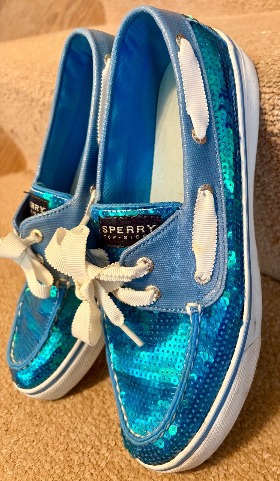 SPERRY TOP-SIDER Women 8M, blue turquoise sequins,grosgrain laces,costal glam