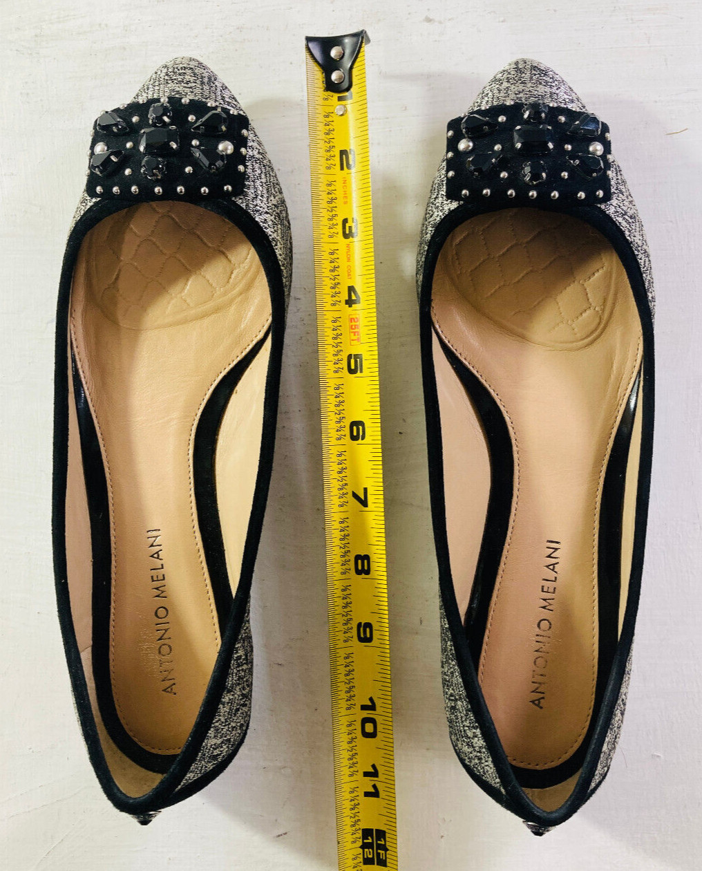 Antonio Melani Black & Silver Flats Silver Studs & Large Black Rhinestones Sz 9