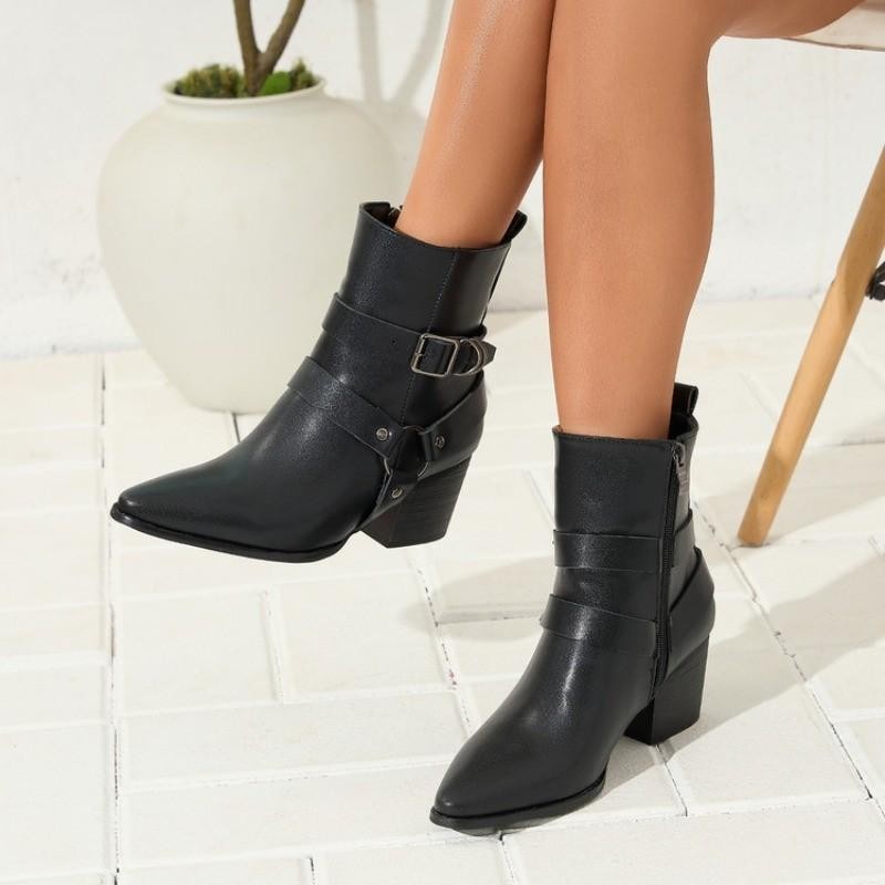 Women’s Faux Leather Zip Pointed Toe Ankle Boots Casual Party Block Heels Shoes